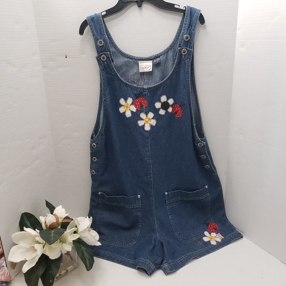 Beverlys Quilted Denim Flower Floral Stitched Applique Ladybug Romper Jeans Y2K - Picture 1 of 14